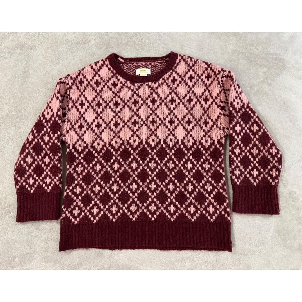 Maeve Anthropologie Womens Sigfried Knit Burgundy Pink Argyle Wool Blend Sweater